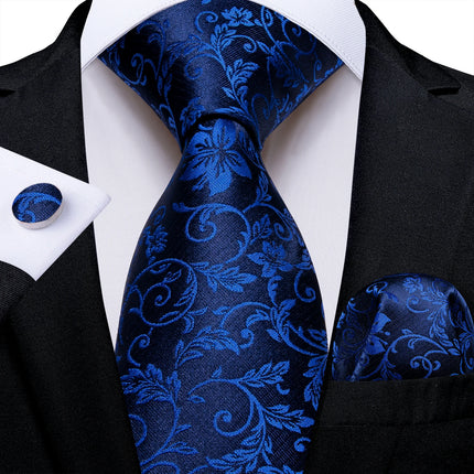 Classic Navy Blue Men'S Tie Striped Paisley Floral Necktie Pocket Square Cufflinks Business Tie Set Cravat Gift for Men