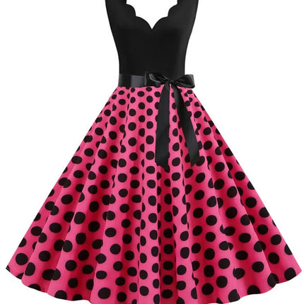 Polka Dot Print Vintage Women Summer Dress Black Patchwork Sleeveless V Neck Elegant Party Dresses Casual Robe Midi