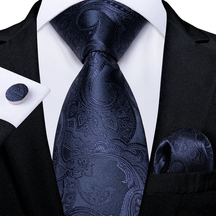 Classic Navy Blue Men'S Tie Striped Paisley Floral Necktie Pocket Square Cufflinks Business Tie Set Cravat Gift for Men
