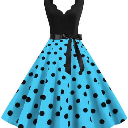 Polka Dot Print Vintage Women Summer Dress Black Patchwork Sleeveless V Neck Elegant Party Dresses Casual Robe Midi