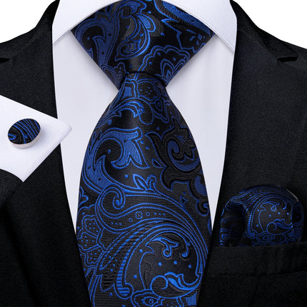 Classic Navy Blue Men'S Tie Striped Paisley Floral Necktie Pocket Square Cufflinks Business Tie Set Cravat Gift for Men