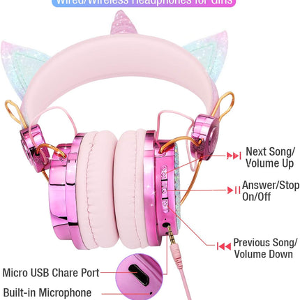 Kids Unicorn Headphones for Girls - Wireless Bluetooth Headset with Mic, Adjustable Headband, over Ear for Smartphones/School/Kindle/Tablet/Pc (Pink)