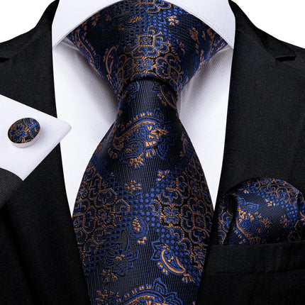 Classic Navy Blue Men'S Tie Striped Paisley Floral Necktie Pocket Square Cufflinks Business Tie Set Cravat Gift for Men