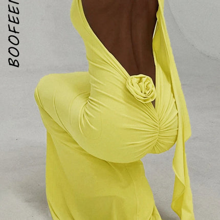 Long Party Dresses for Women Elegant Sexy Floral-Applique Halter Backless Maxi Dress Summer Clothes 2024 C83-CE37