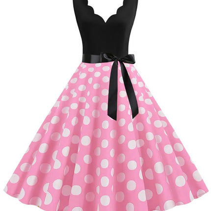 Polka Dot Print Vintage Women Summer Dress Black Patchwork Sleeveless V Neck Elegant Party Dresses Casual Robe Midi