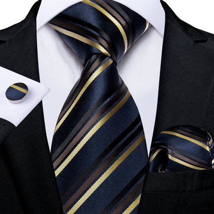 Classic Navy Blue Men'S Tie Striped Paisley Floral Necktie Pocket Square Cufflinks Business Tie Set Cravat Gift for Men