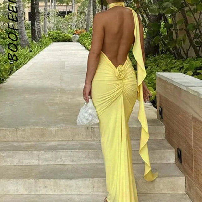 Long Party Dresses for Women Elegant Sexy Floral-Applique Halter Backless Maxi Dress Summer Clothes 2024 C83-CE37