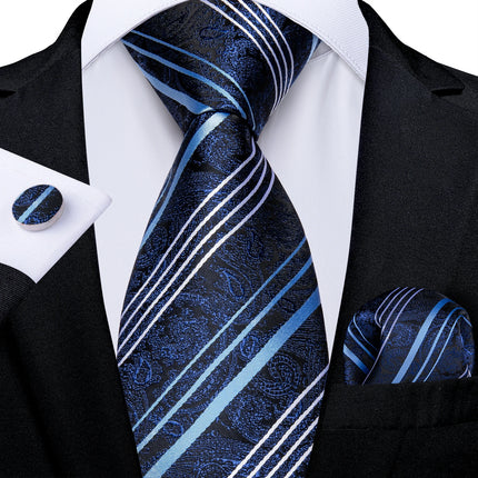 Classic Navy Blue Men'S Tie Striped Paisley Floral Necktie Pocket Square Cufflinks Business Tie Set Cravat Gift for Men