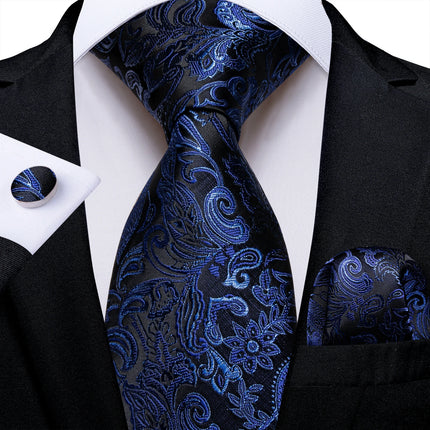 Classic Navy Blue Men'S Tie Striped Paisley Floral Necktie Pocket Square Cufflinks Business Tie Set Cravat Gift for Men
