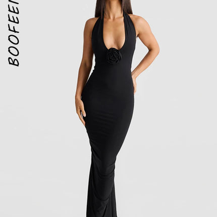 Long Party Dresses for Women Elegant Sexy Floral-Applique Halter Backless Maxi Dress Summer Clothes 2024 C83-CE37