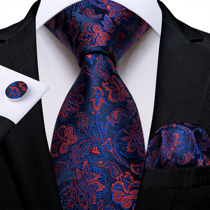 Classic Navy Blue Men'S Tie Striped Paisley Floral Necktie Pocket Square Cufflinks Business Tie Set Cravat Gift for Men