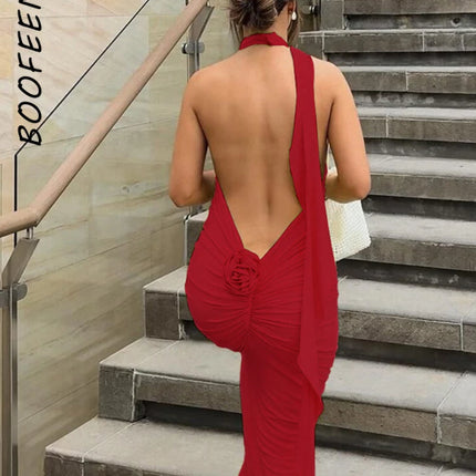 Long Party Dresses for Women Elegant Sexy Floral-Applique Halter Backless Maxi Dress Summer Clothes 2024 C83-CE37