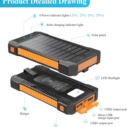 Solar Power Bank Portable Solar Phone Charger 26800Mah, Battery Pack with 2 USB Outputs/Led Flashlight Phone Chargers, Waterproof Solar Panel Charging