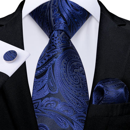 Classic Navy Blue Men'S Tie Striped Paisley Floral Necktie Pocket Square Cufflinks Business Tie Set Cravat Gift for Men