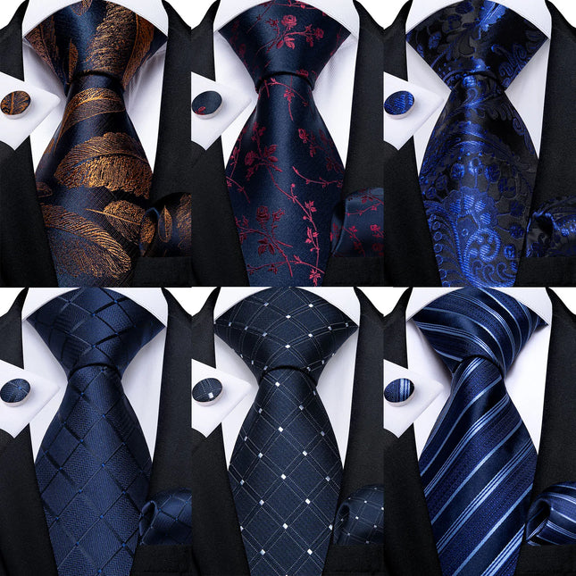 Classic Navy Blue Men'S Tie Striped Paisley Floral Necktie Pocket Square Cufflinks Business Tie Set Cravat Gift for Men