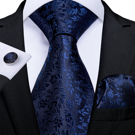 Classic Navy Blue Men'S Tie Striped Paisley Floral Necktie Pocket Square Cufflinks Business Tie Set Cravat Gift for Men