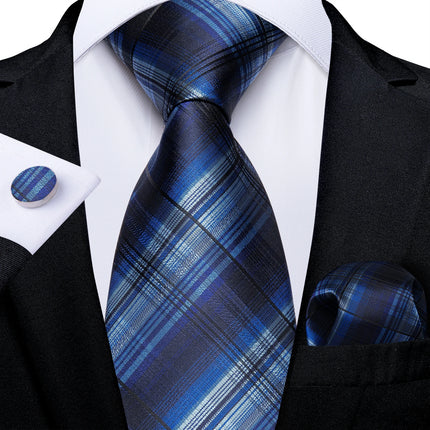 Classic Navy Blue Men'S Tie Striped Paisley Floral Necktie Pocket Square Cufflinks Business Tie Set Cravat Gift for Men